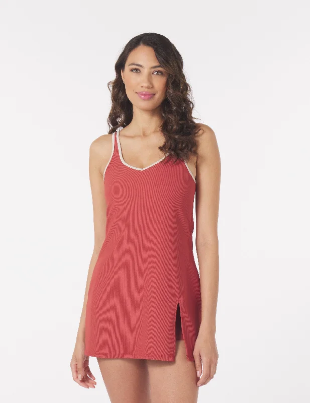 Zip-core swimwear -Sculpt Dress: Brick Red/Oatmilk Trim