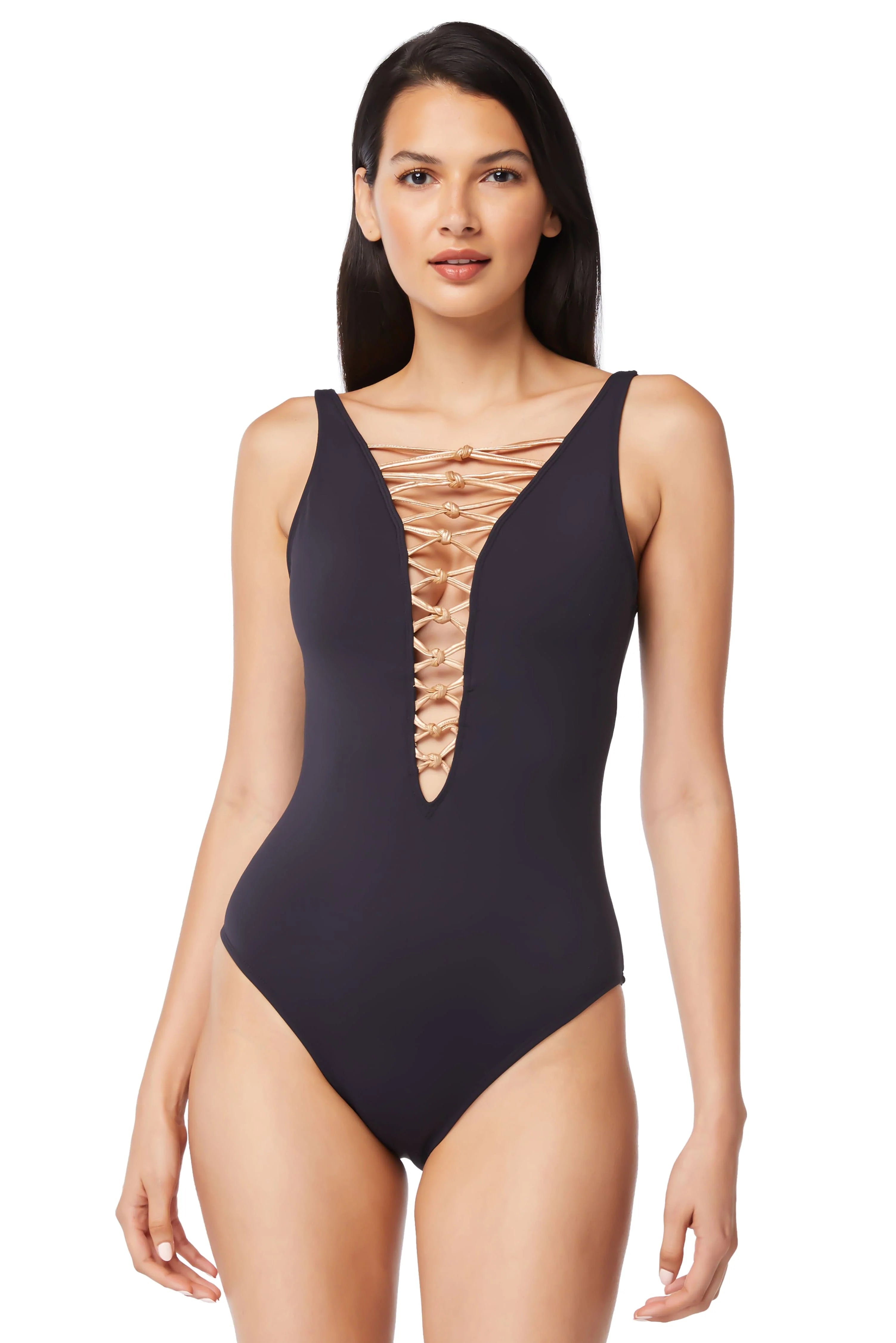 Lounge-core swimwear -Bleu Rod Beattie Kore Black High Neck Lace Down One Piece