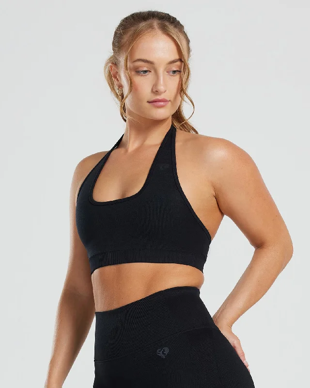 True Tone Sports Bra for Versatility -Motion Seamless Halter Bra | Black