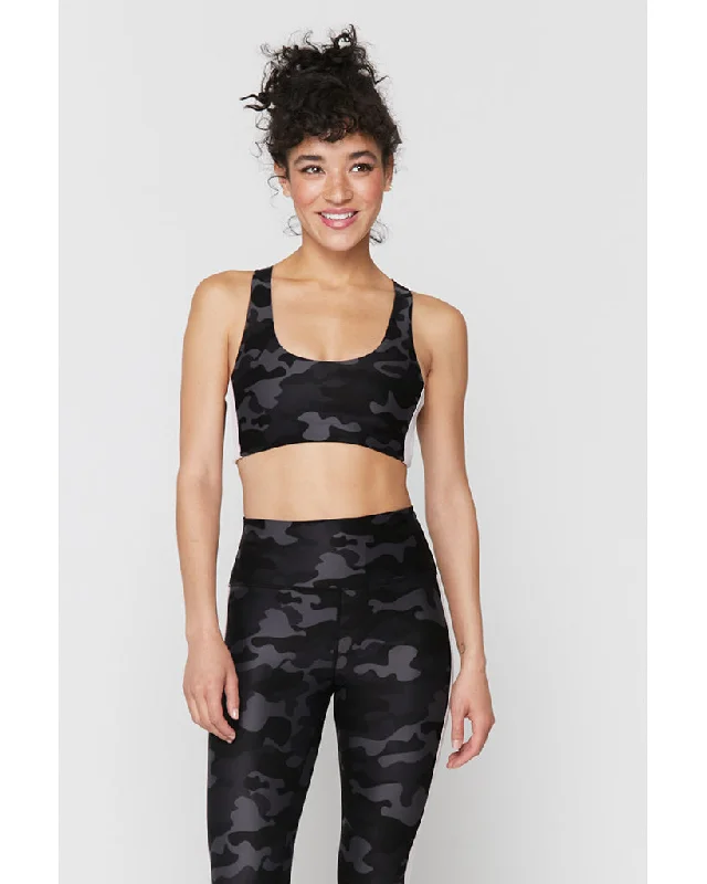 Snap-On Graphite Sports Bra for Speed -Spiritual Gangster Studio Sports Bra with Stripe - Womens - Black Camo Print