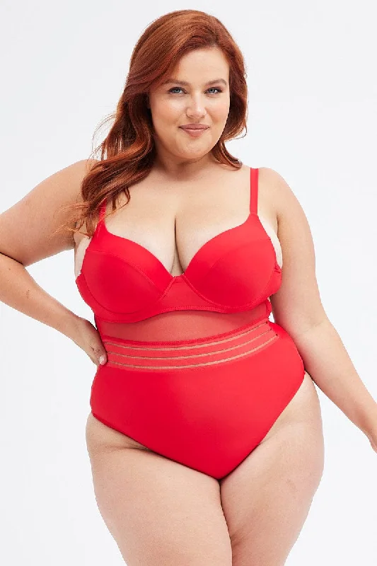 Value-core swimwear -Red Mesh Patchwork One Piece Swimsuit