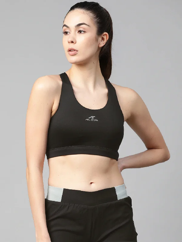 Graphite Vivid Sports Bra for Fitness -Alcis Black Solid Full Coverage Lightly Padded Workout Bra