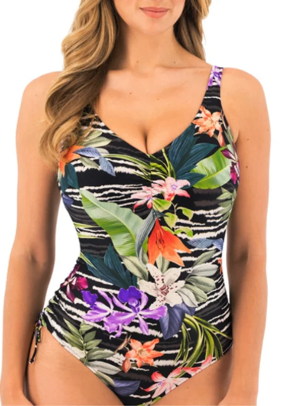 Purple core swimwear -Maldives V-Neck Swimsuit - Black Tropical