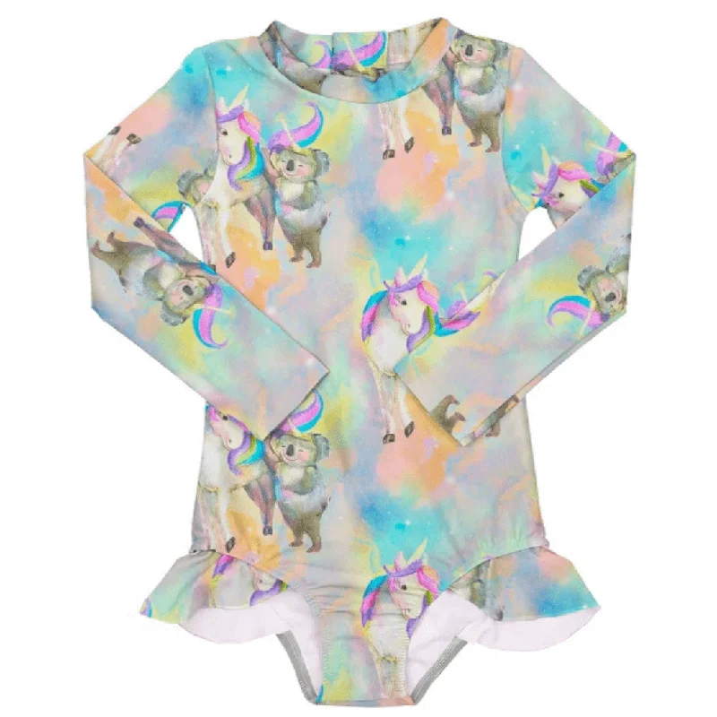 Black core swimwear -Rainbow Unicorn and Koala Girls Front Zip Swimmers