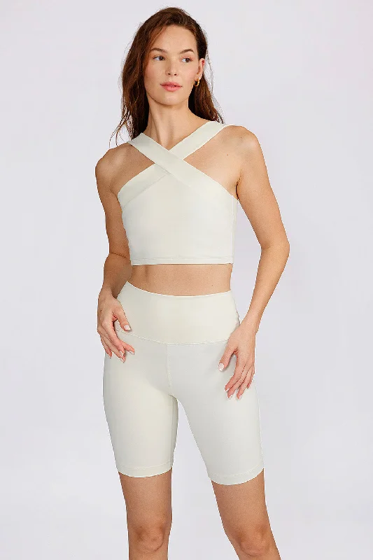 Plum Stretch Sports Bra for Athletes -Leah cross neck bra top cream