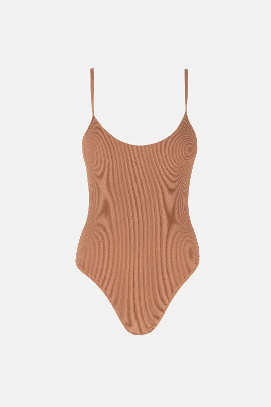 Sport-fit swimwear -Essential Rib Minimal One Piece Coffee