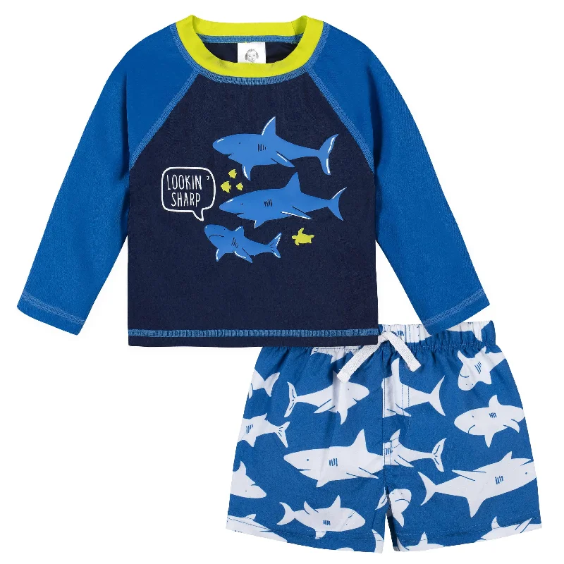 Navy fit swimwear -2-Piece Baby & Toddler Boys UPF 50+ Shark Zone Rash Guard & Swim Trunks Set