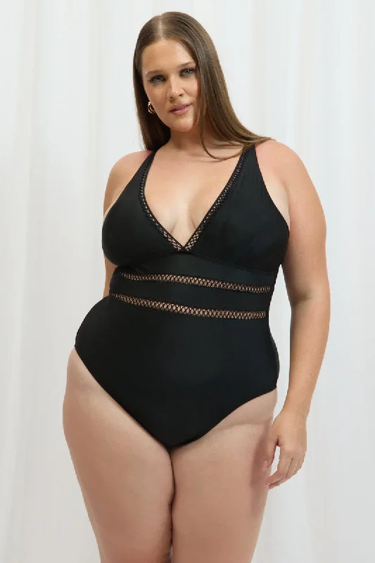 Short-fit swimwear -Black Fishnet Detail One Piece Swimsuit