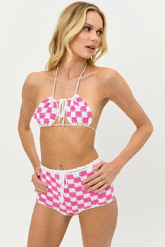 Halter-core swimwear -Eliza Crochet Halter Bikini Top - Pink Checker