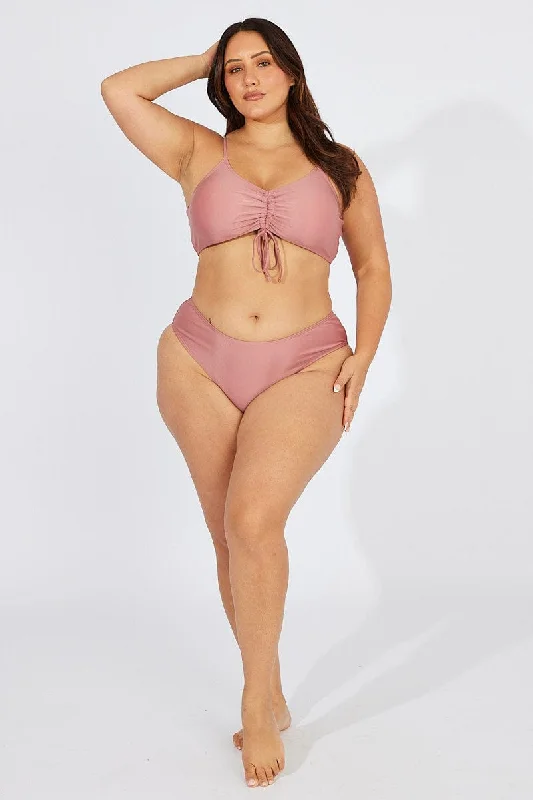 White core swimwear -Pink Ruched Bust Bikini Set