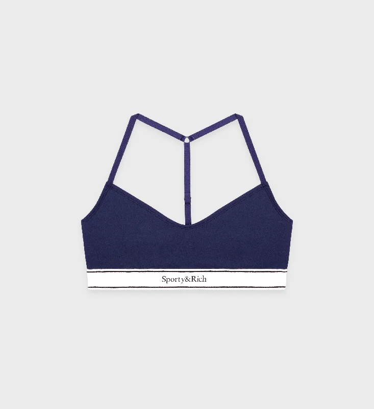 Navy Pine Sports Bra for Strength -Serif Logo Sports Bralette - Navy/Off White