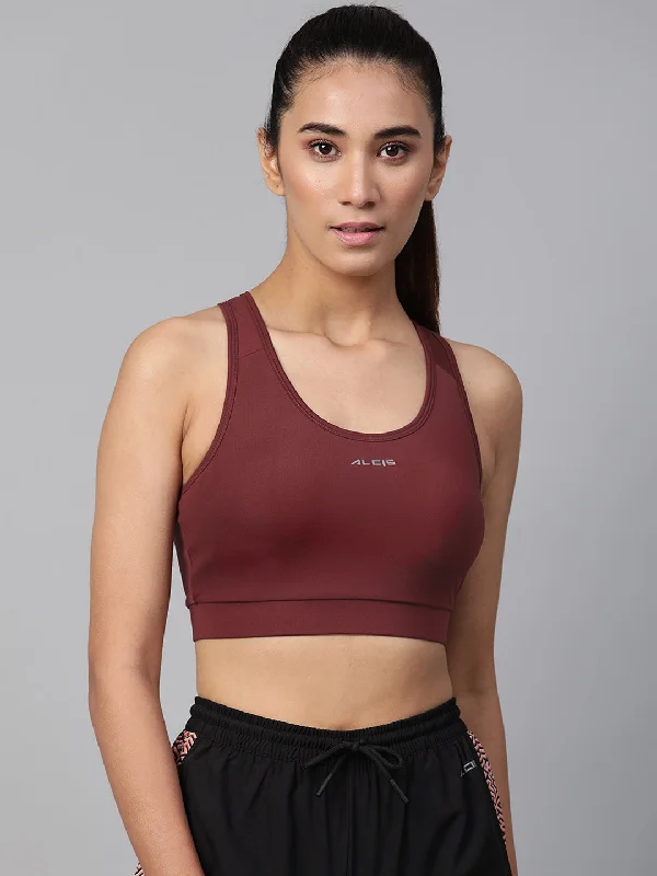 Ultra Flex Sports Bra for Mobility -Alcis Maroon Solid Non-Wired Lightly Padded Workout Bra