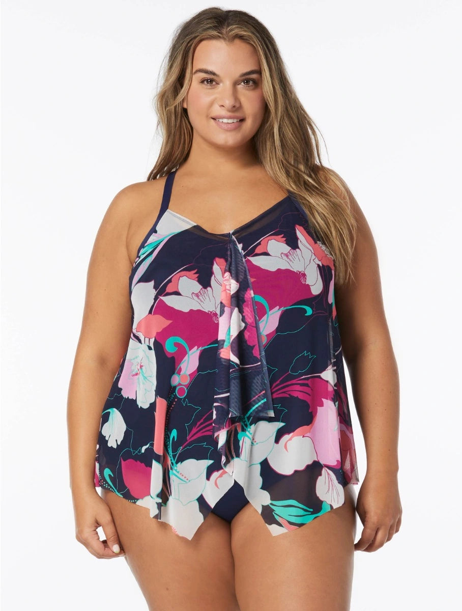 Graphite Quick Sports Tank Top for Motion -Beach House Plus Avalon Floral Kerry Mesh Layer Tankini Top