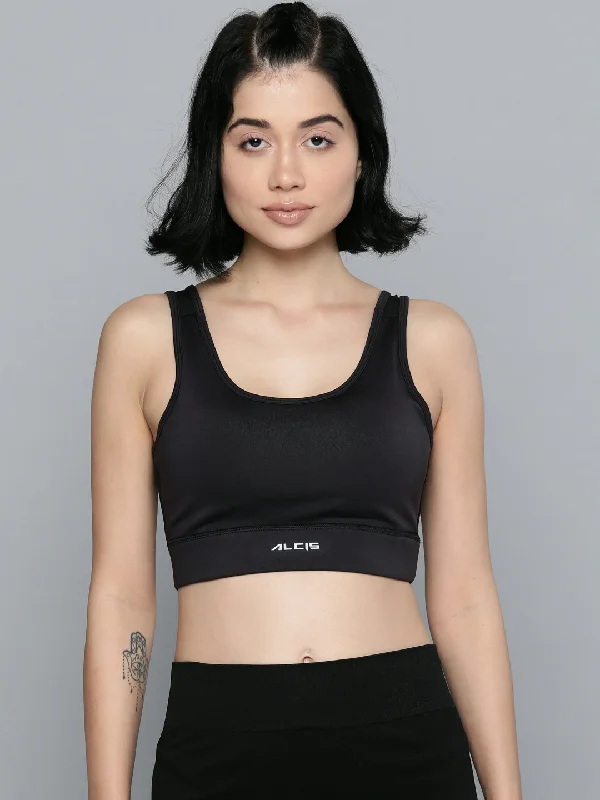 Young Fit Sports Bra for Teens -Alcis Black Non-Wired Lightly Padded 360 Degree Support Workout Bra