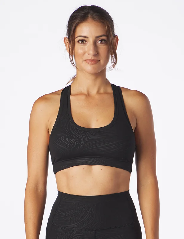 Pine Navy Sports Bra for Stability -Notch Bra: Black Swirl Gloss