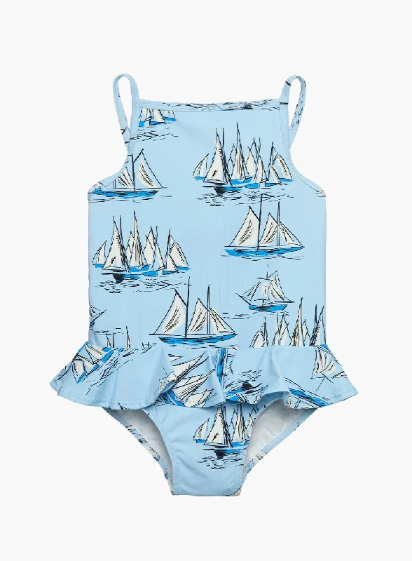 Lounge-fit swimwear -Peplum Swimsuit in Blue Sailboat