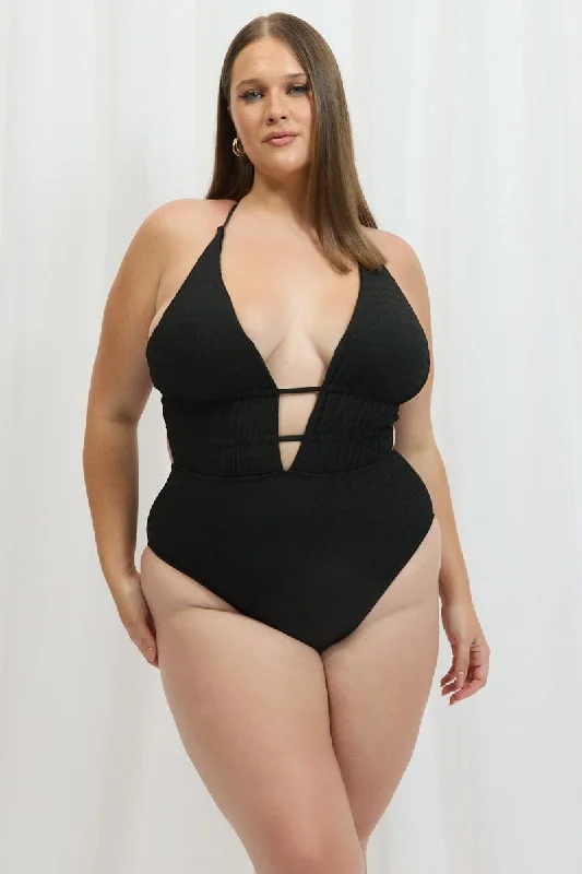 Pink fit swimwear -Black V Neck One Piece Swimsuit