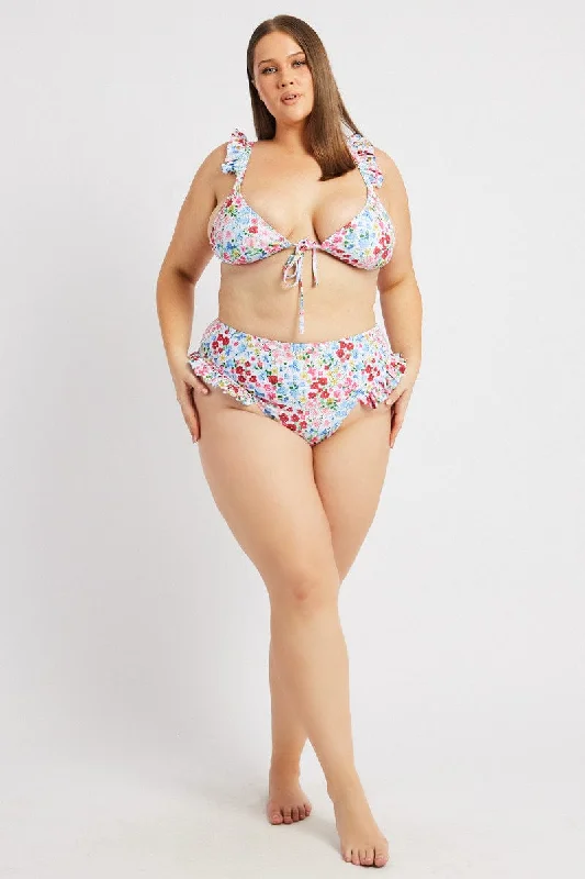 Strap-core swimwear -Multi Floral Frilly Bikini Set with Bow Detail