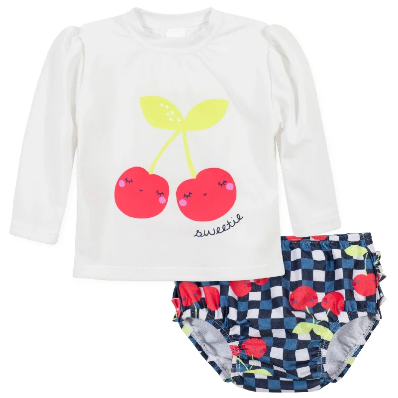 Resort-fit swimwear -2-Piece Baby & Toddler Girls UPF 50+ Cherry Rash Guard & Swim Bottoms Set