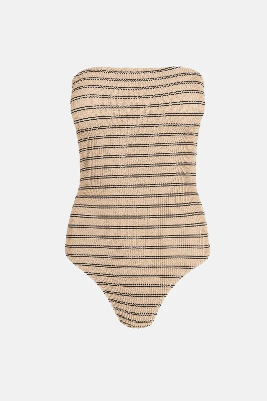 Strap-fit swimwear -Sol Stripe Strapless One Piece Black