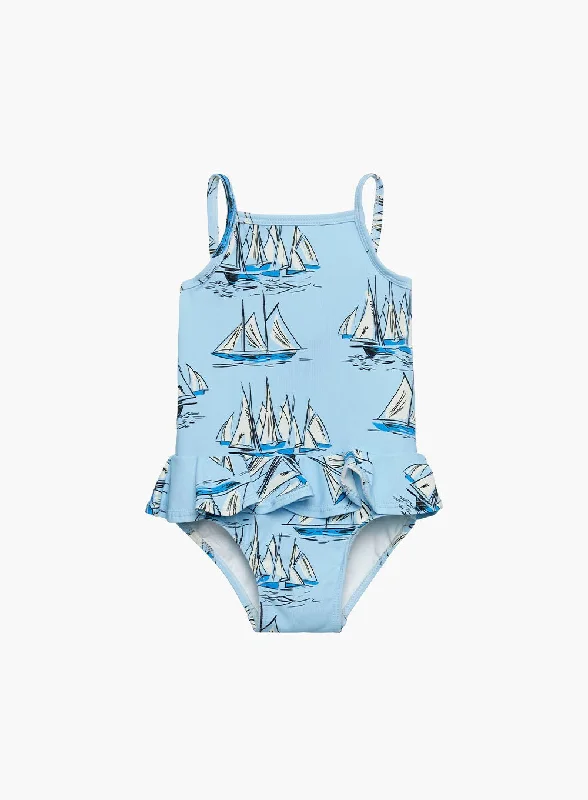 Red fit swimwear -Baby Peplum Swimsuit in Blue Sailboat