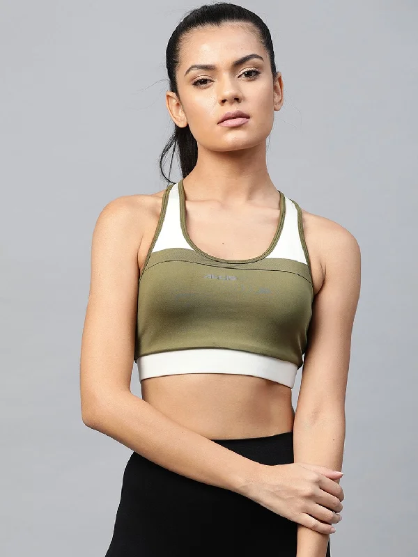 Rugged Seam Sports Bra for Durability -Alcis Women Olive Green Full Coverage Lightly Padded Workout Bra