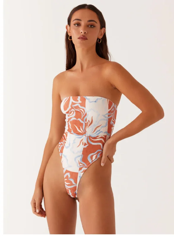 Stripe-fit swimwear -Maxine Strapless One Piece Swimsuit - Orange Blue Floral