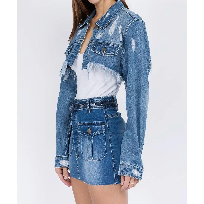 Navy Multi-Flow Sports Top for Durability -American Bazi - Chic Cropped Distressed Denim Jacket