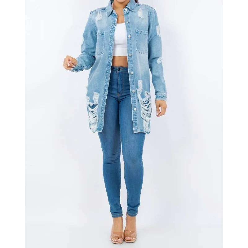 Pine Flow Sports Top for Gym -American Bazi - Distressed Button Up Long Sleeve Denim Jacket