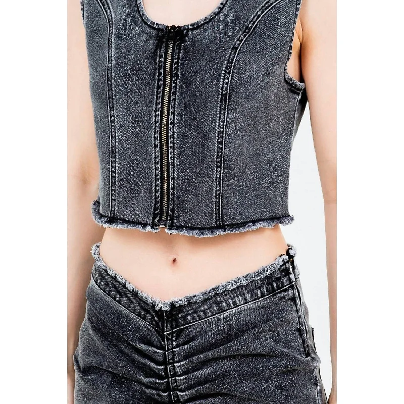 Plum Pulse Sports Top for Training -American Bazi - Trendy Cropped Denim Vest With Raw Hem