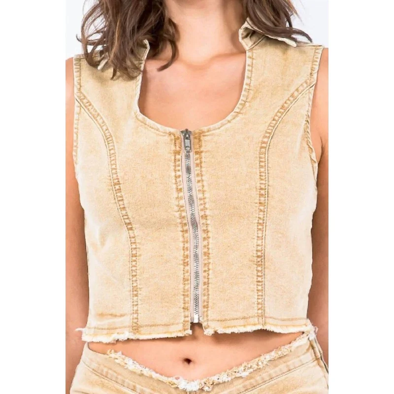 Lite Flex Sports Top for Ease -American Bazi - Zip Up Washed Crop Denim Vest