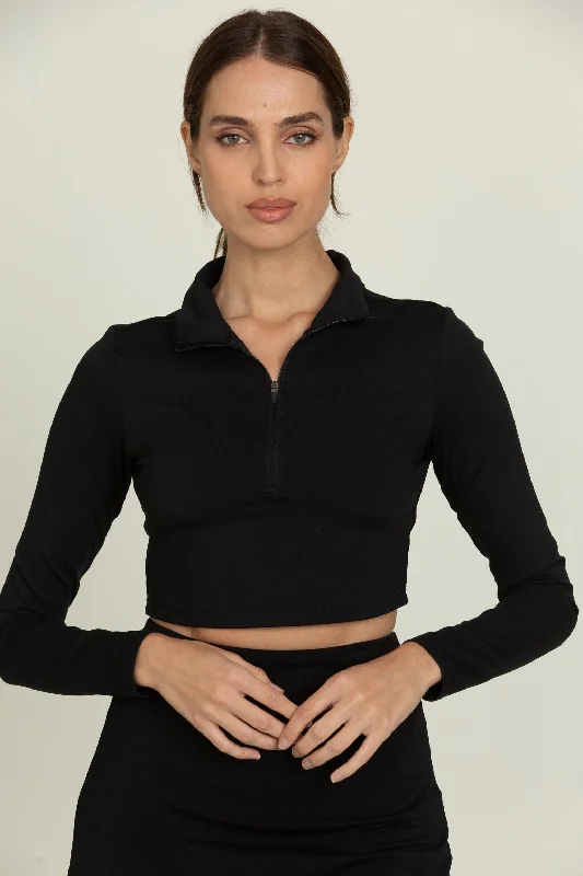 Peace Flow Sports Top for Yoga -Black Athletic Half-Zip Crop Top