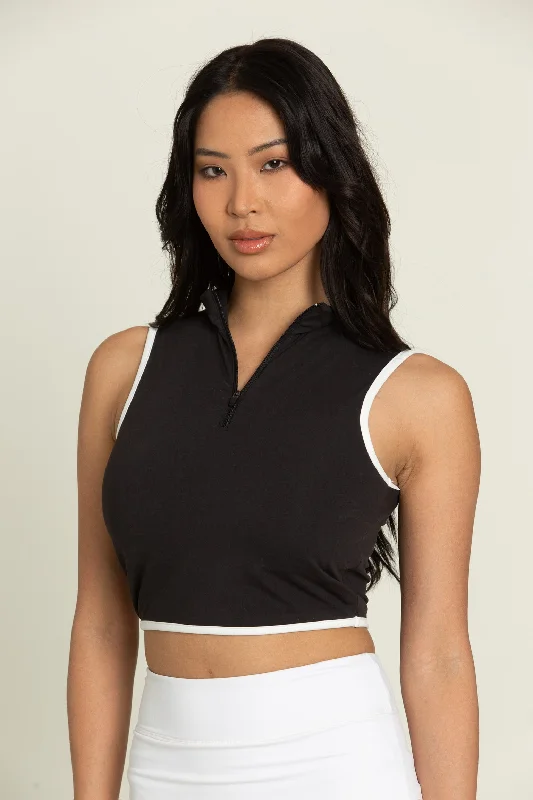 Graphite Edge Sports Top for Lifting -Black White Lined Half-Zip Crop Top