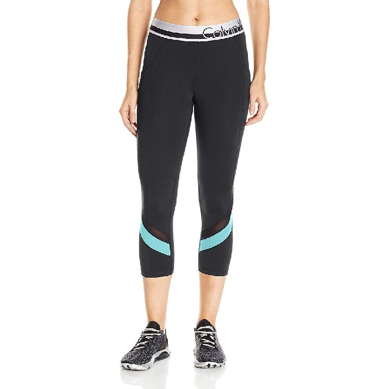 Plum Emerald Sports Top for Edge -Calvin Klein Performance Women's Split Logo Elastic Waistband Colorblock Crop Tight Blue Radiance Combo Size Small - Black