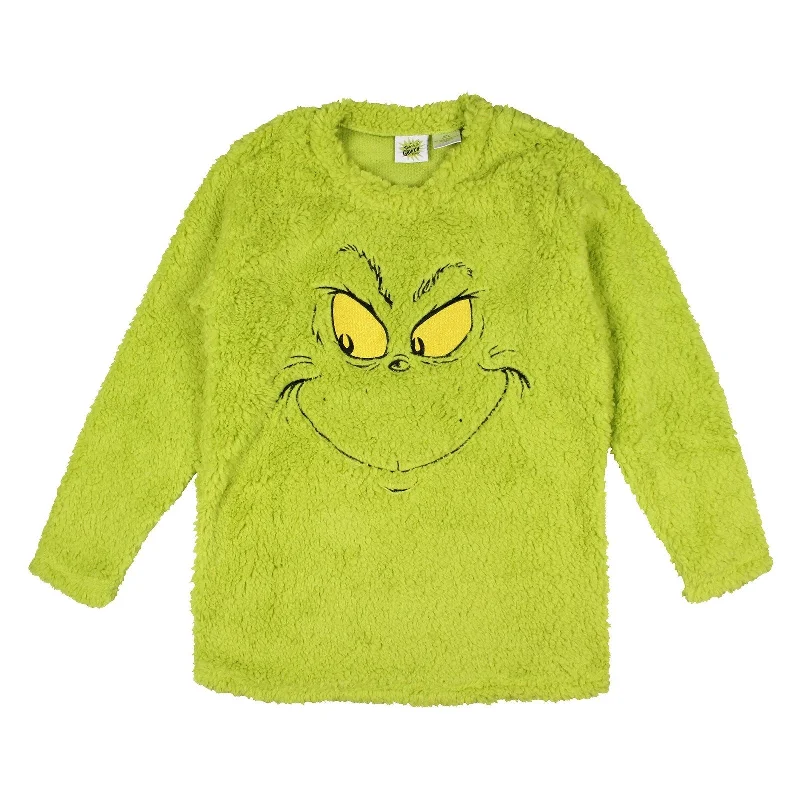 Blush Air Sports Top for Layering -Dr. Seuss How The Grinch Stole Christmas Embroiderd Face Adult Long Sleeve Oversized Fleece Sleep Shirt Men Women