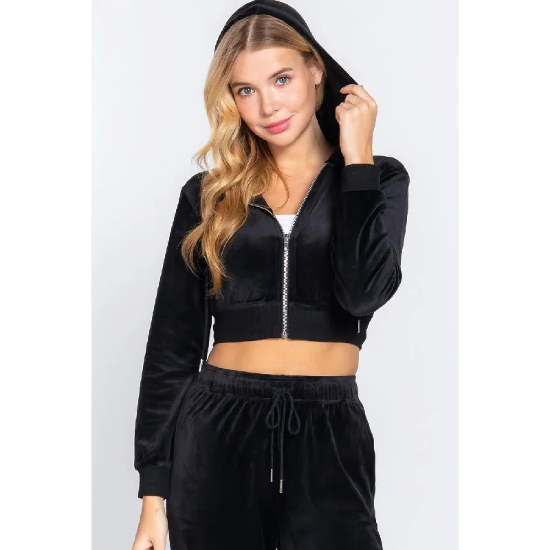 Navy Multi-Flow Sports Top for Durability -Long Slv Velour Hoodie Crop Jacket