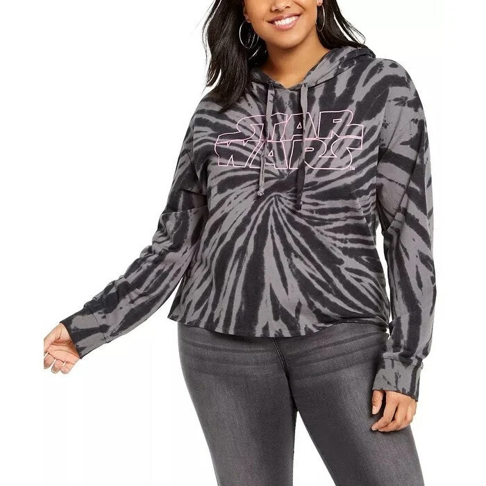 Citron Vibe Sports Top for Comfort -Mighty Fine Women's Trendy Plus Size Star Wars Graphic Tie-Dyed Cropped Hoodie Black Size 2X