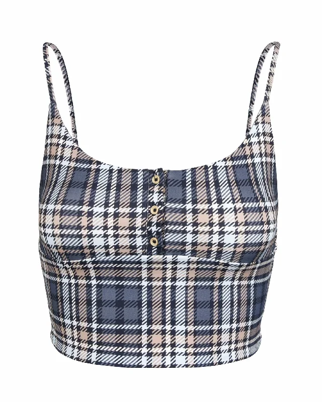 Plum Graphite Sports Top for Athletes -Recycled Poly Button Cami - Early Tide Plaid