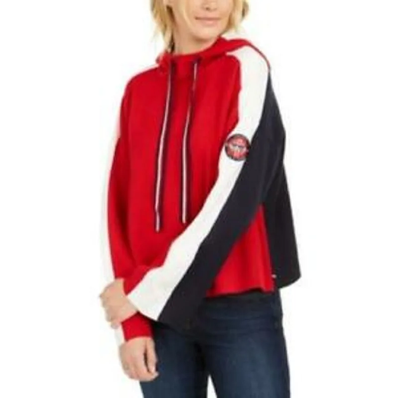 Pine Titan Sports Top for Dance -Tommy Hilfiger Women's Wide-Sleeve Cropped Hoodie Red Size Extra Large - XL