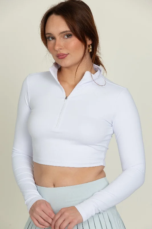 Peak Air Sports Top for Athletes -White Athletic Half-Zip Crop Top